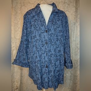 Dressbarn Button Up Blouse Women's 18/20 Blue Floral Long Sleeve Boho Fairy